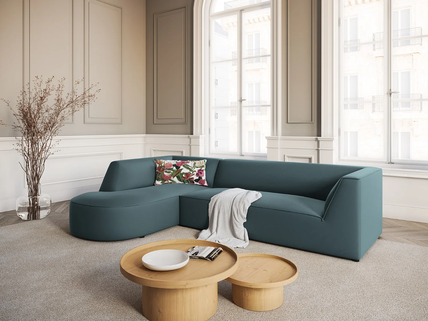 CXL by Christian Lacroix - Canapé d'angle gauche "Charles" 4 places en velours bleu - 273x180x69cm