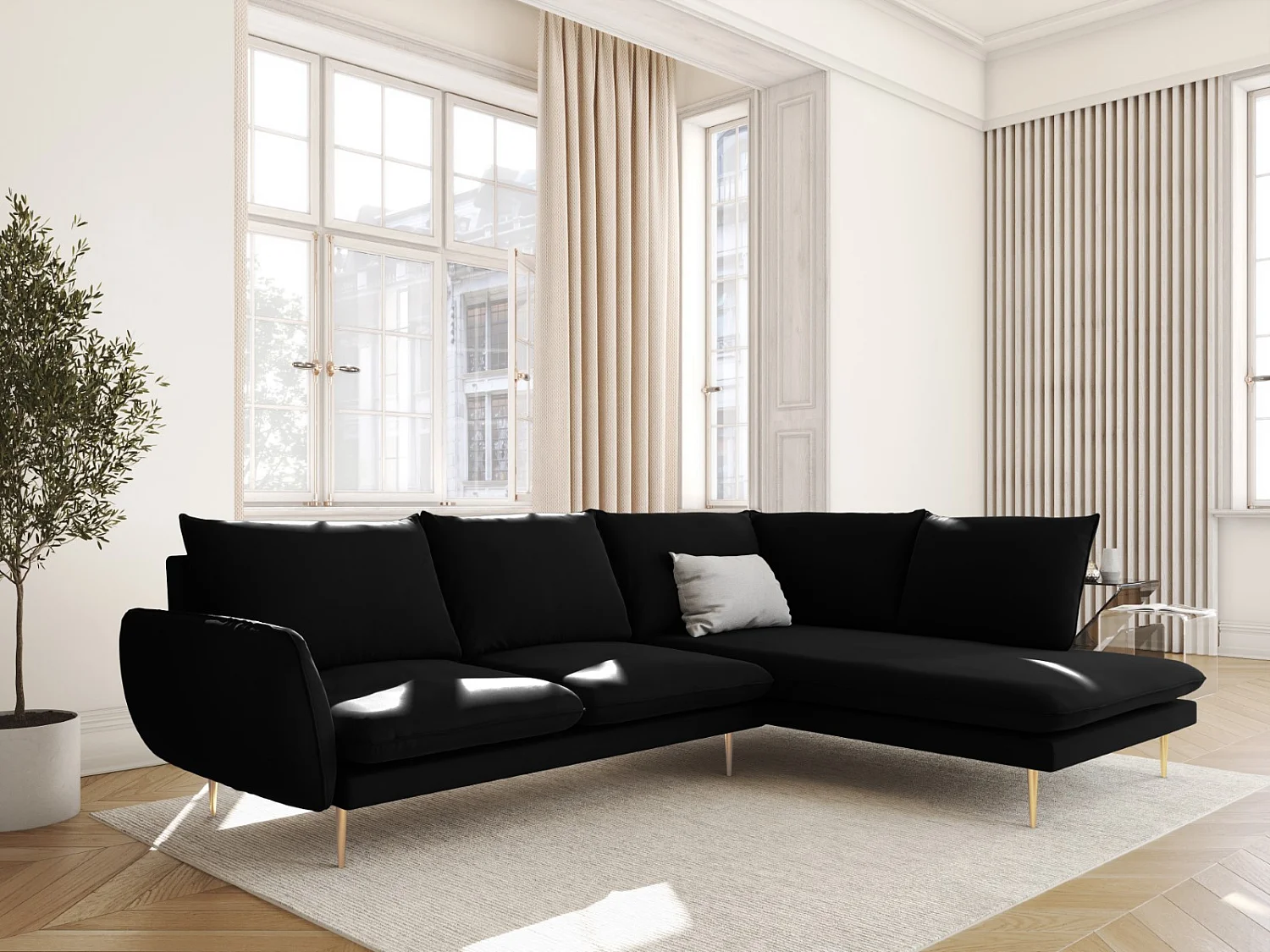 Cosmopolitan Design - Canapé d'angle droit "Vienna" 6 places en velours noir - 275x185x95cm