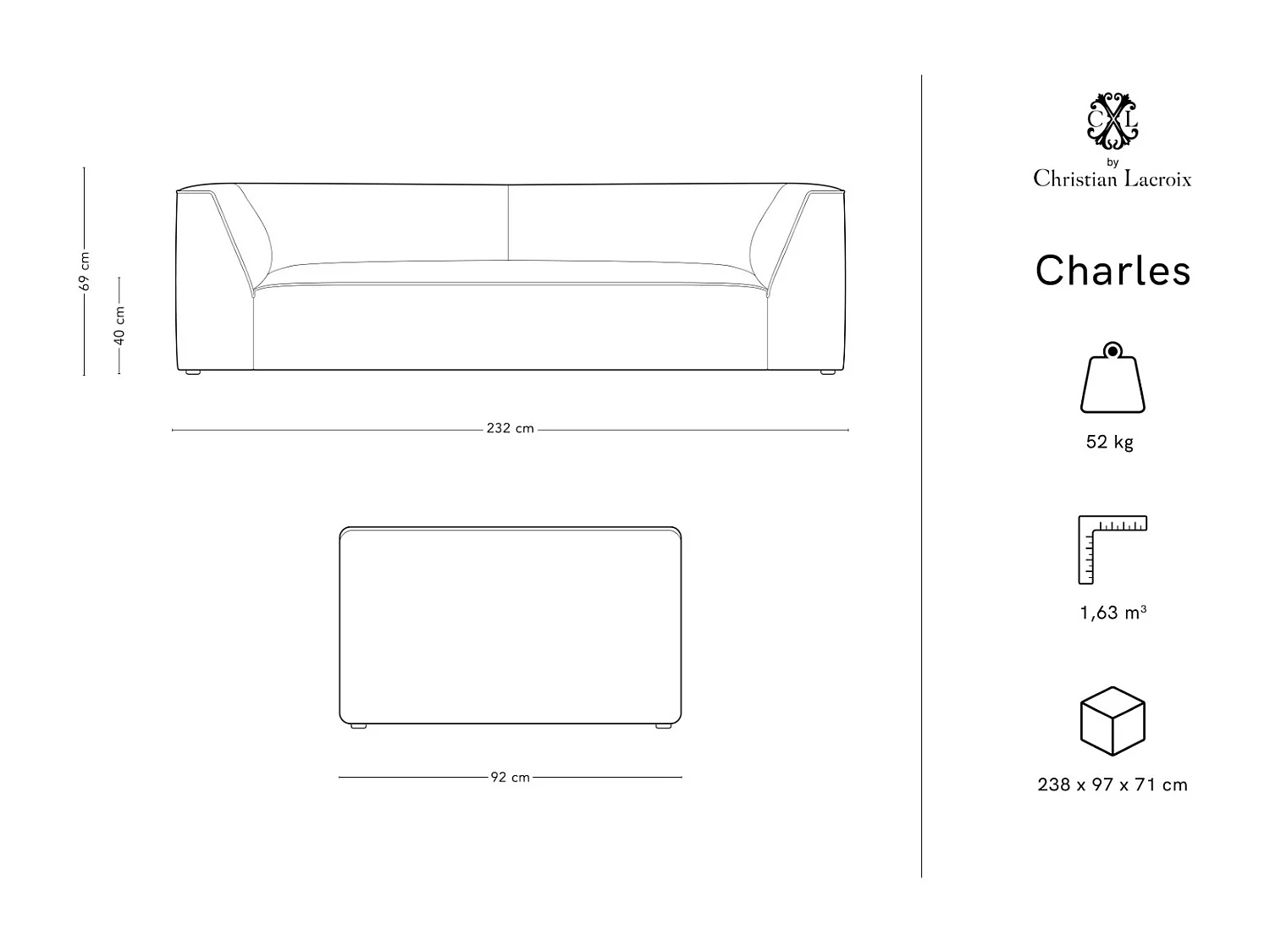 CXL by Christian Lacroix - Canapé "Charles" 3 places en velours gris foncé - 232x92x69cm