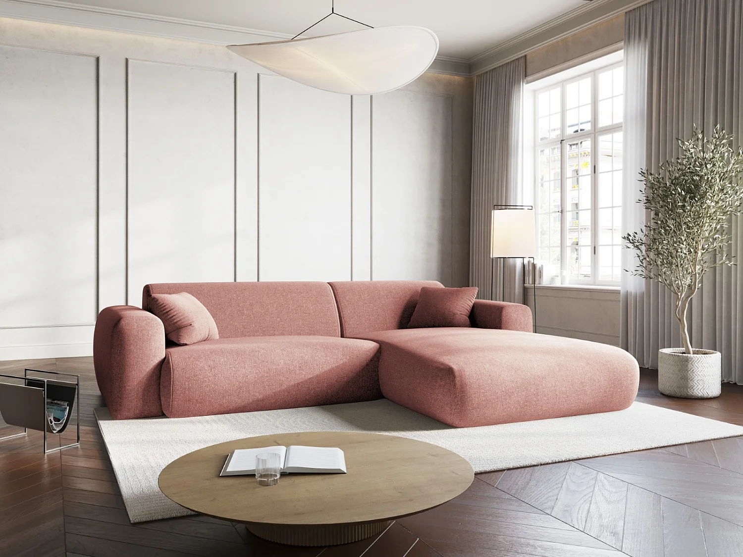 Cosmopolitan Design - 4-Sitzer Ecksofa rechts "Nolio" aus Chenille-Stoff rosa - 235x170x72cm