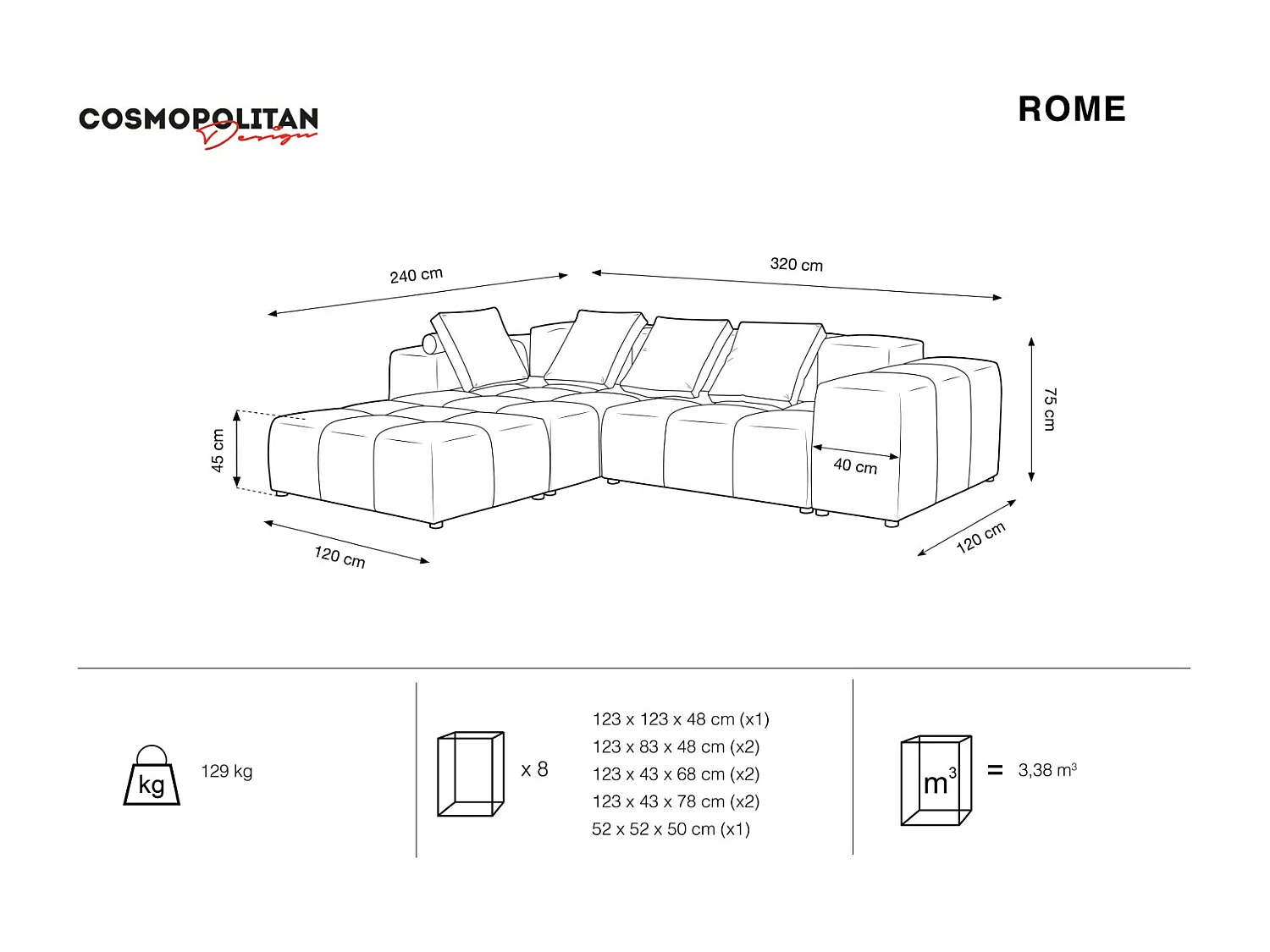 Cosmopolitan Design - Symmetrische modulaire hoekbank "Rome" 5 zitplaatsen, Structurele stof, Munt - 320x240x75cm