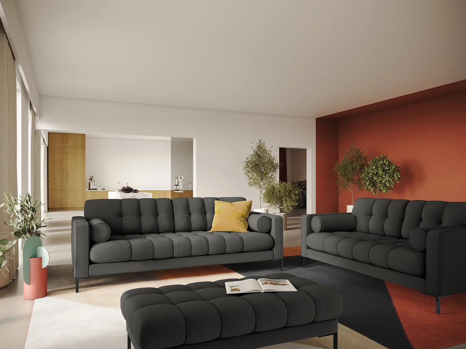 Cosmopolitan Design - 3-Sitzer Sofa "Bali" aus strukturiertem Stoff dunkelgrau - 177x92x75cm