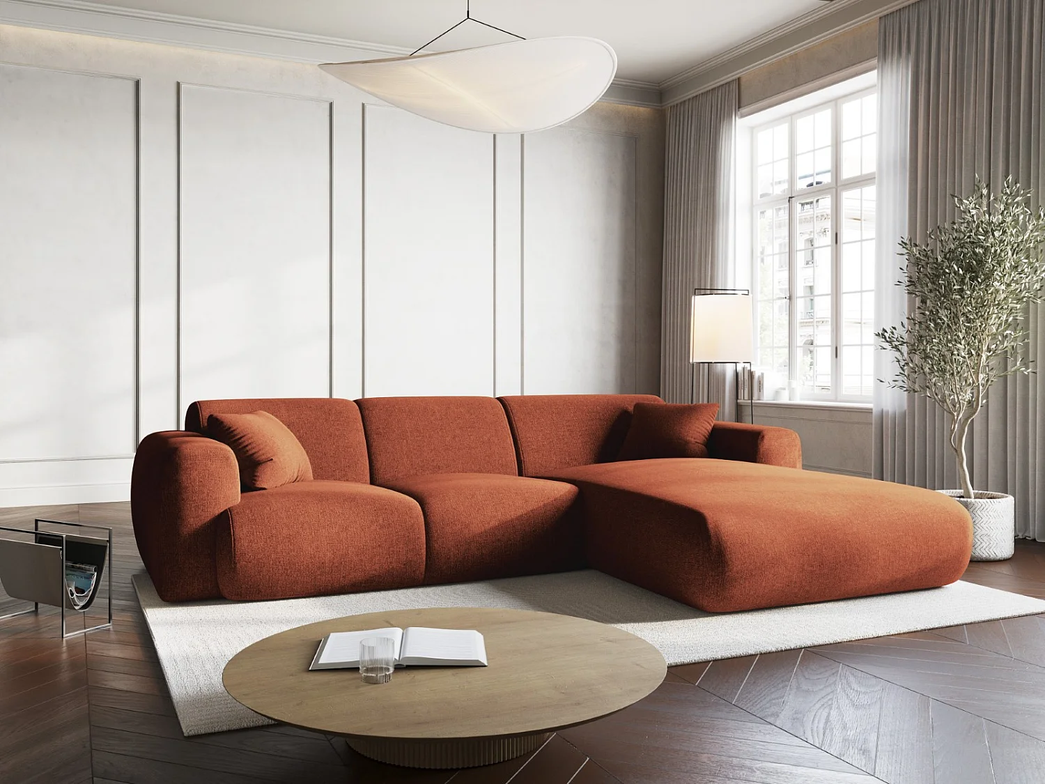 Cosmopolitan Design - Canapé d'angle droit "Nolio" 4 places en chenille terracotta - 260x170x72cm
