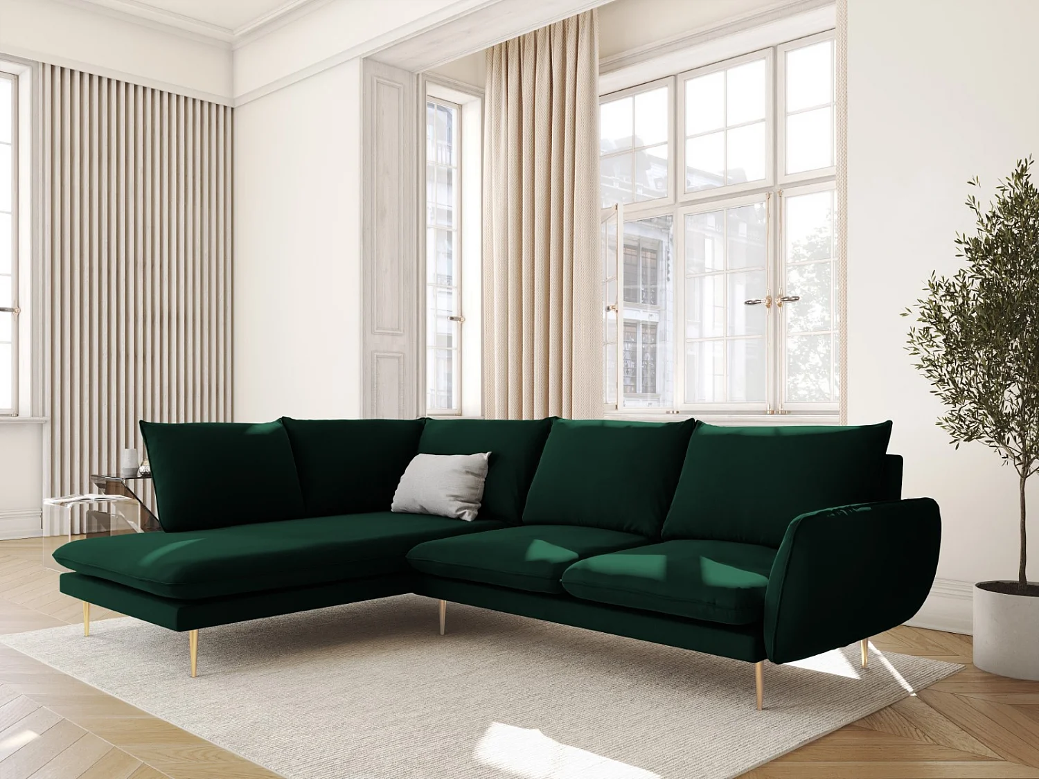 Cosmopolitan Design - Sofá esquinero izquierdo "Vienna" 6 plazas de terciopelo verde botella - 275x185x95cm