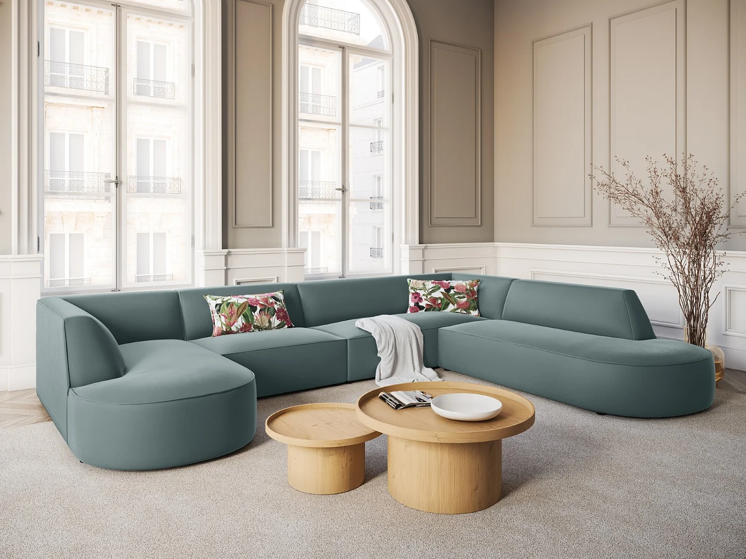 CXL by Christian Lacroix - Panoramische hoekbank rechts "Charles" 7 zitplaatsen, Flueel, Munt - 366x273x69cm