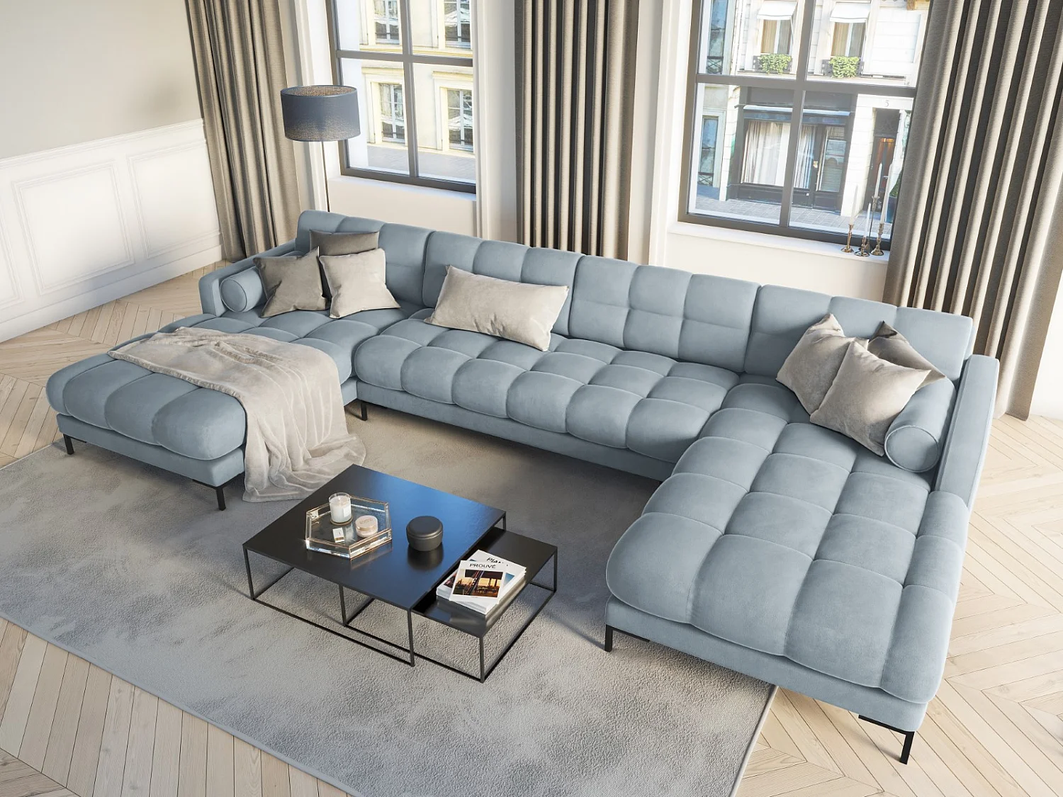 Cosmopolitan Design - Sofá panorâmico "Bali" 7 lugares em veludo azul claro - 383x185x75cm