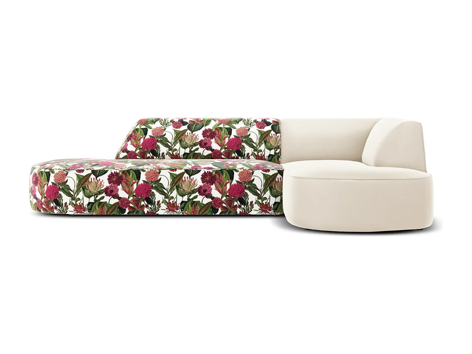 CXL by Christian Lacroix - Canapé d'angle droit "Charles" 4 places en velours motif de rose de jardin,beige - 273x180x69cm