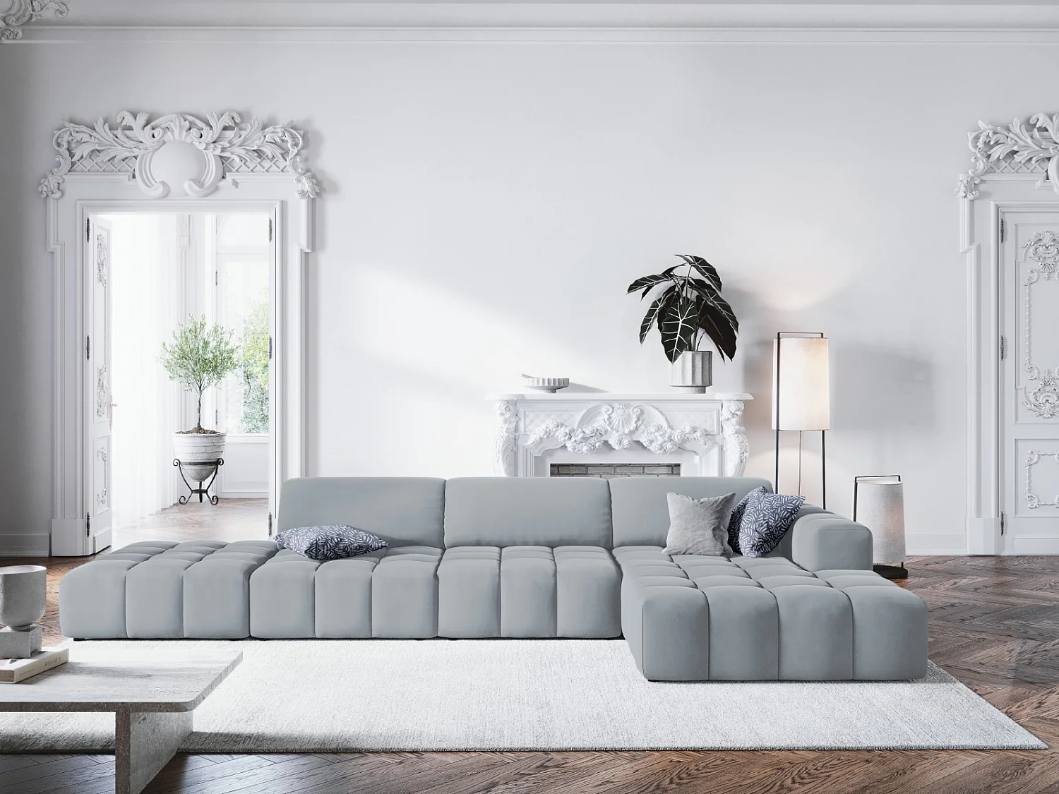 CXL by Christian Lacroix - Narożnik prawy, "Luc" 5 miejsc welur, niebieski jasny - 341x166x70cm