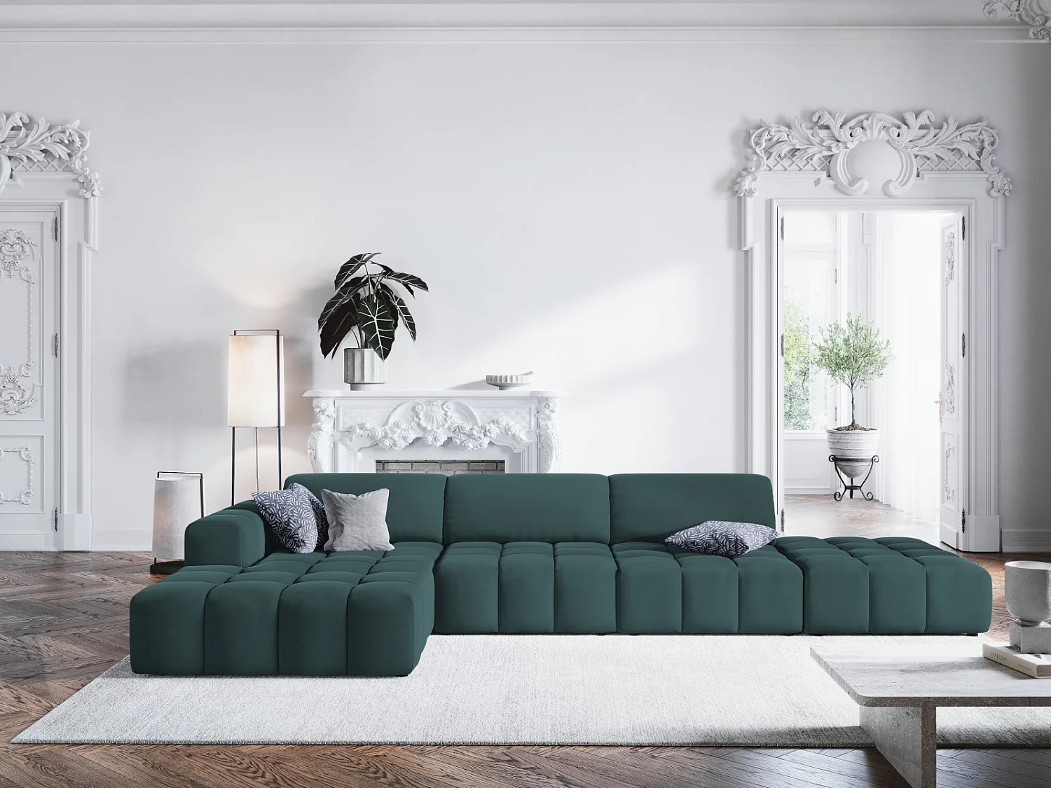 CXL by Christian Lacroix - 5-Sitzer Ecksofa links "Luc" Sitzer aus Samt petrol - 341x166x70cm