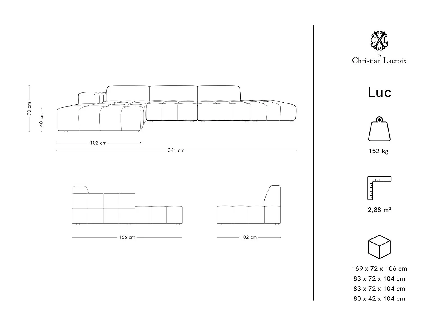CXL by Christian Lacroix - 5-Sitzer Ecksofa links "Luc" Sitzer aus Samt petrol - 341x166x70cm