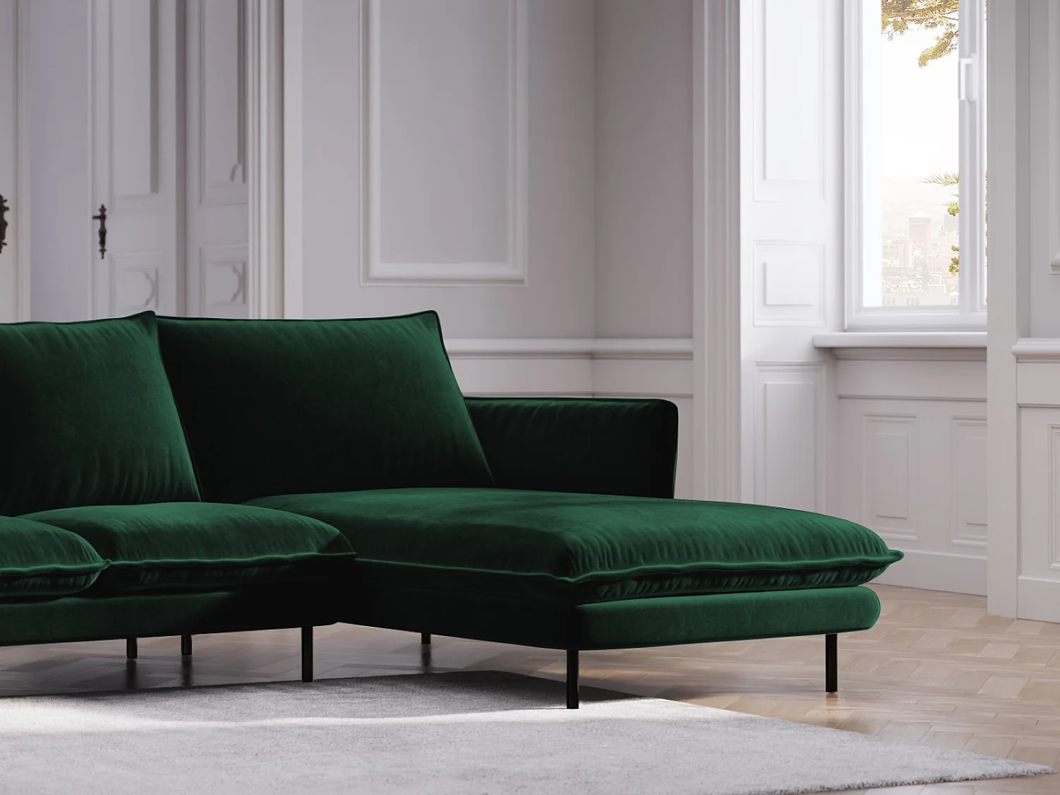 Cosmopolitan Design - 5-Sitzer Ecksofa rechts "Vienna" aus Samt flaschengrün - 255x170x95cm