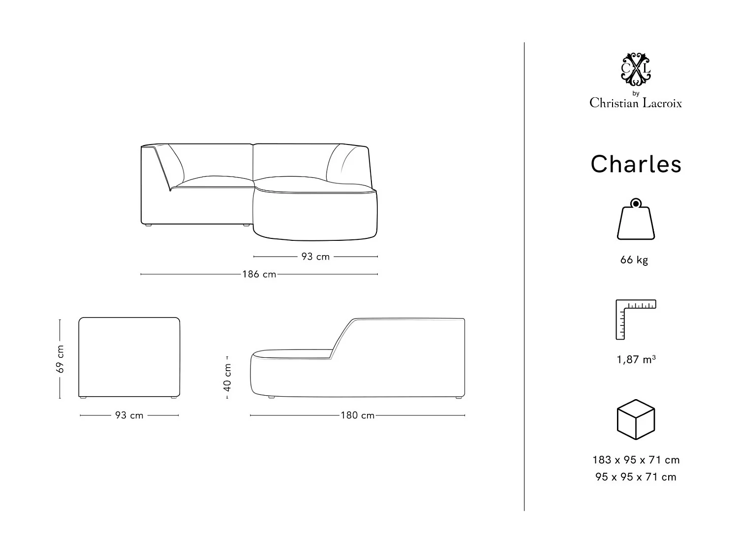 CXL by Christian Lacroix - Canapé d'angle droit "Charles" 3 places en velours gris clair - 186x180x69cm