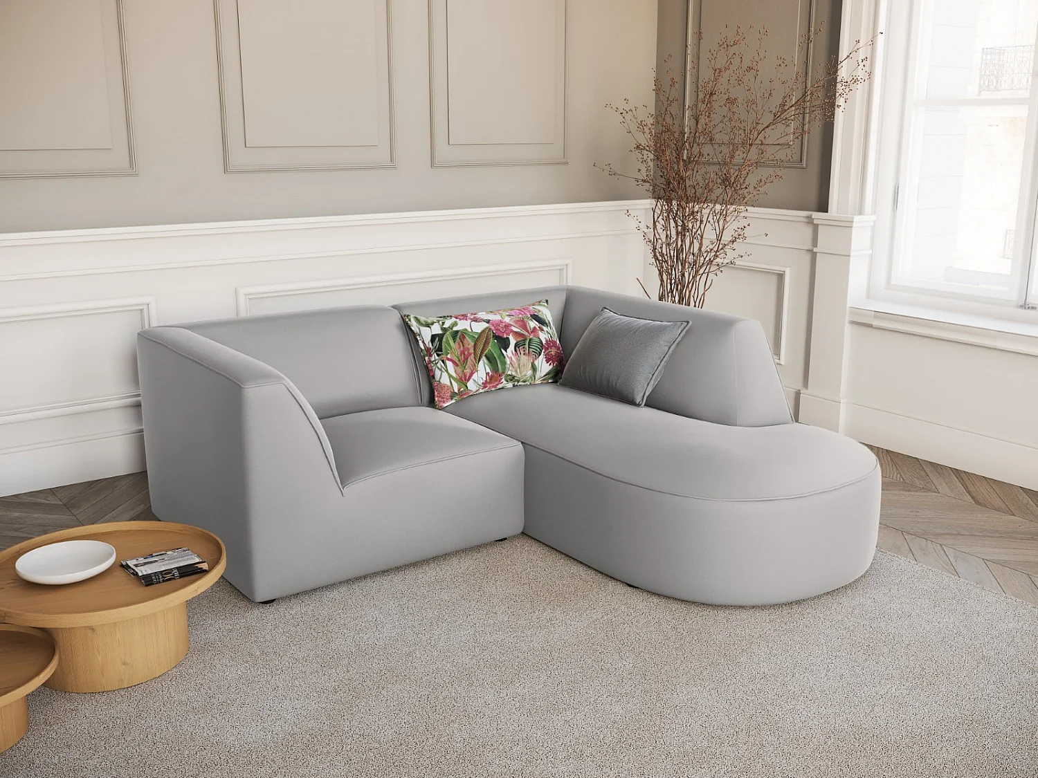 CXL by Christian Lacroix - Canapé d'angle droit "Charles" 3 places en velours gris clair - 186x180x69cm