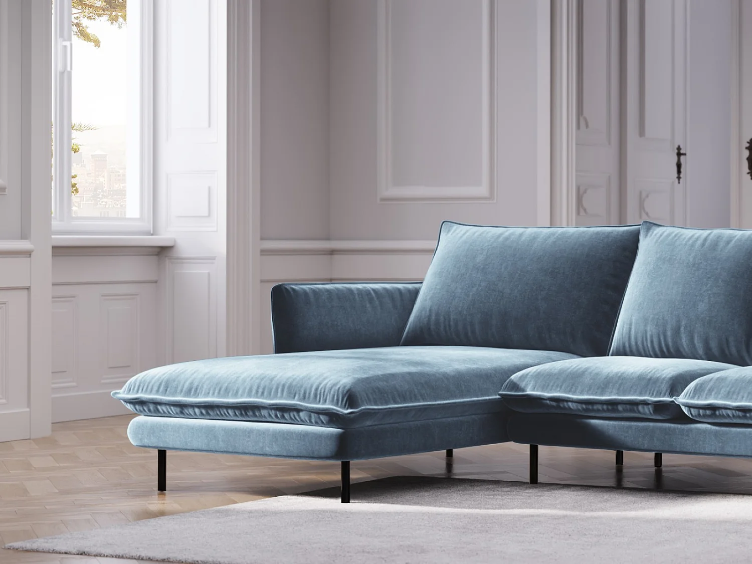 Cosmopolitan Design - Canapé d'angle gauche "Vienna" 5 places en velours bleu - 255x170x95cm