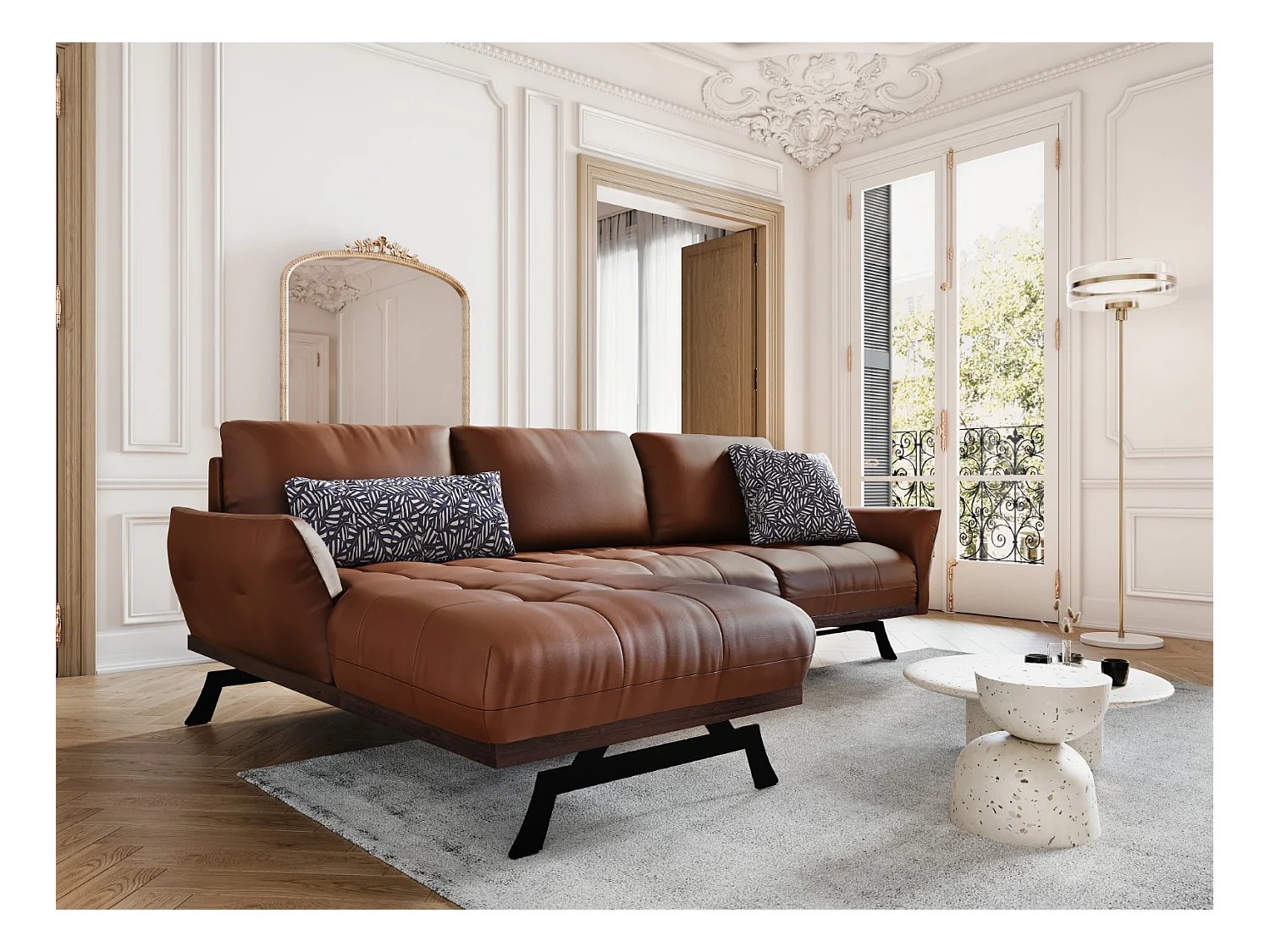 CXL by Christian Lacroix - Divano angolare modulare sinistro "Olivier" 4 posti in pelle naturale marrone - 264x171x87cm