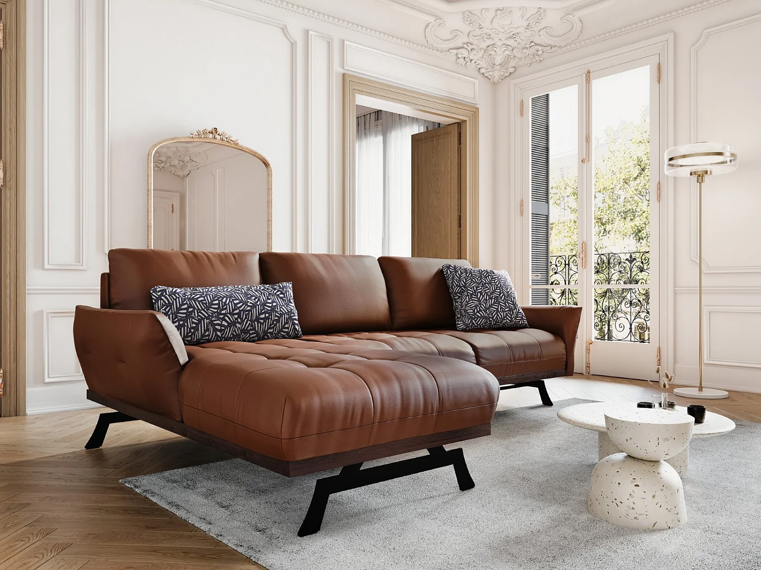 CXL by Christian Lacroix - Divano angolare modulare sinistro "Olivier" 4 posti in pelle naturale marrone - 264x171x87cm