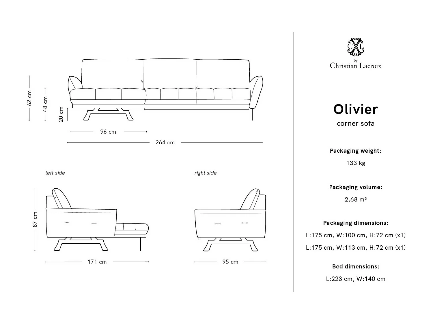 CXL by Christian Lacroix - Divano angolare modulare sinistro "Olivier" 4 posti in pelle naturale marrone - 264x171x87cm