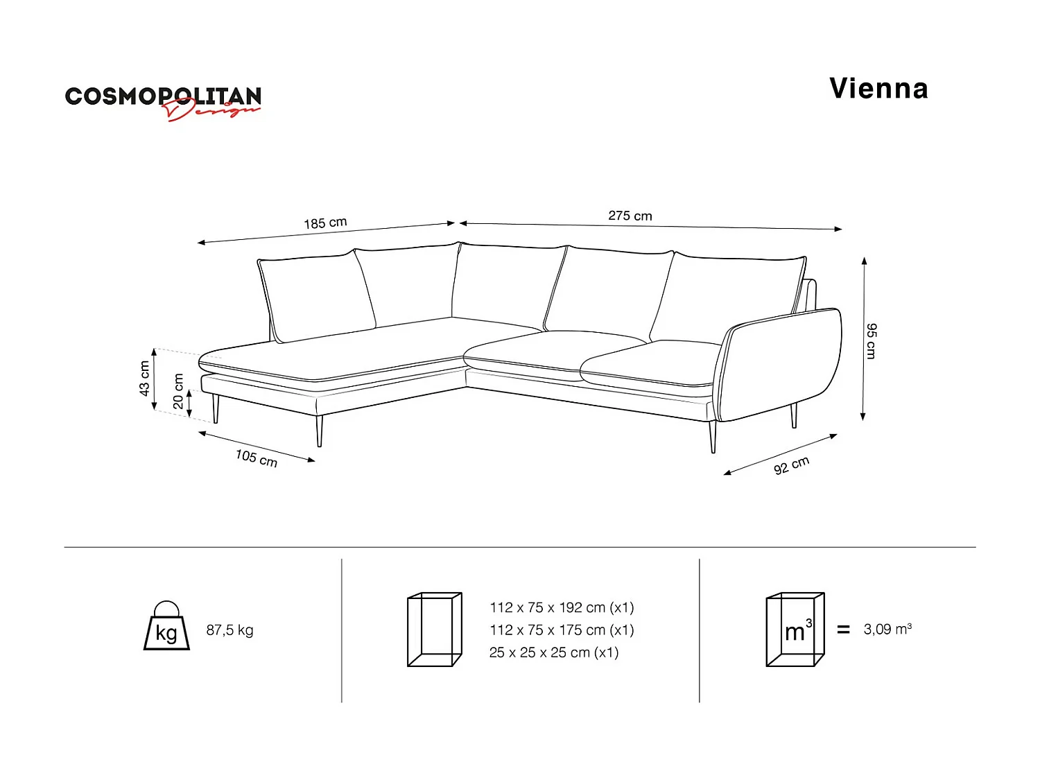 Cosmopolitan Design - Sofá de canto esquerdo "Vienna" 6 lugares em tecido estrutural cinza claro - 275x185x95cm
