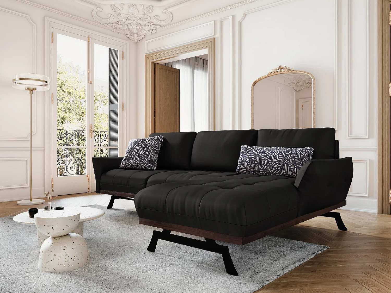 CXL by Christian Lacroix - Modulaire hoekbank rechts "Olivier" 4 zitplaatsen, Echt leer, Zwart - 264x171x87cm