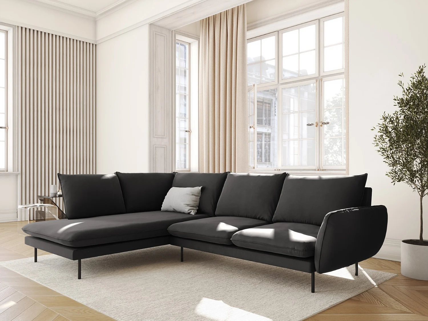 Cosmopolitan Design - Sofá esquinero izquierdo "Vienna" 6 plazas de terciopelo gris oscuro - 275x185x95cm