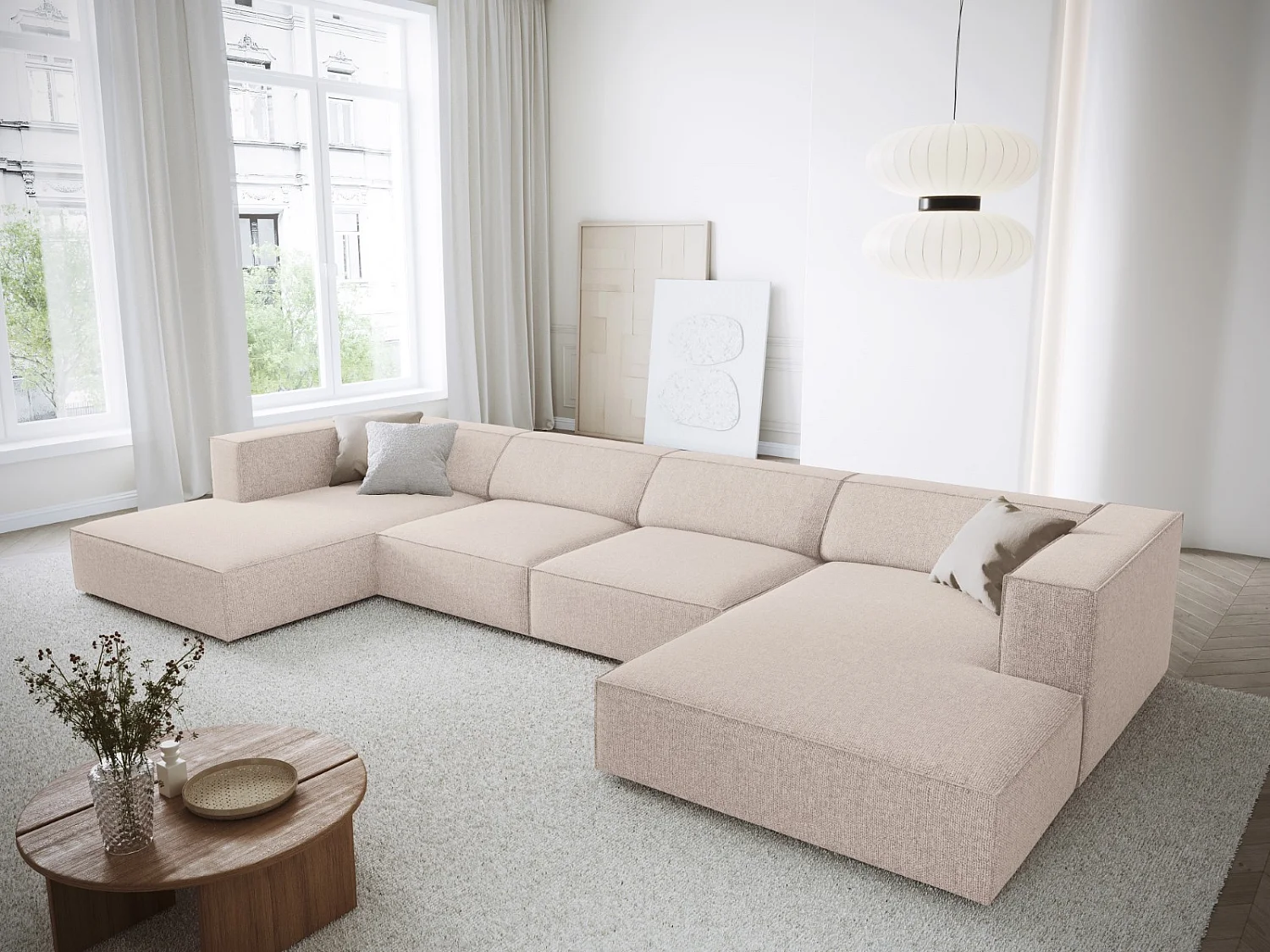 Cosmopolitan Design - Panoramische bank "Arendal" 6 zitplaatsen, Chenille, Beige - 364x166x70cm