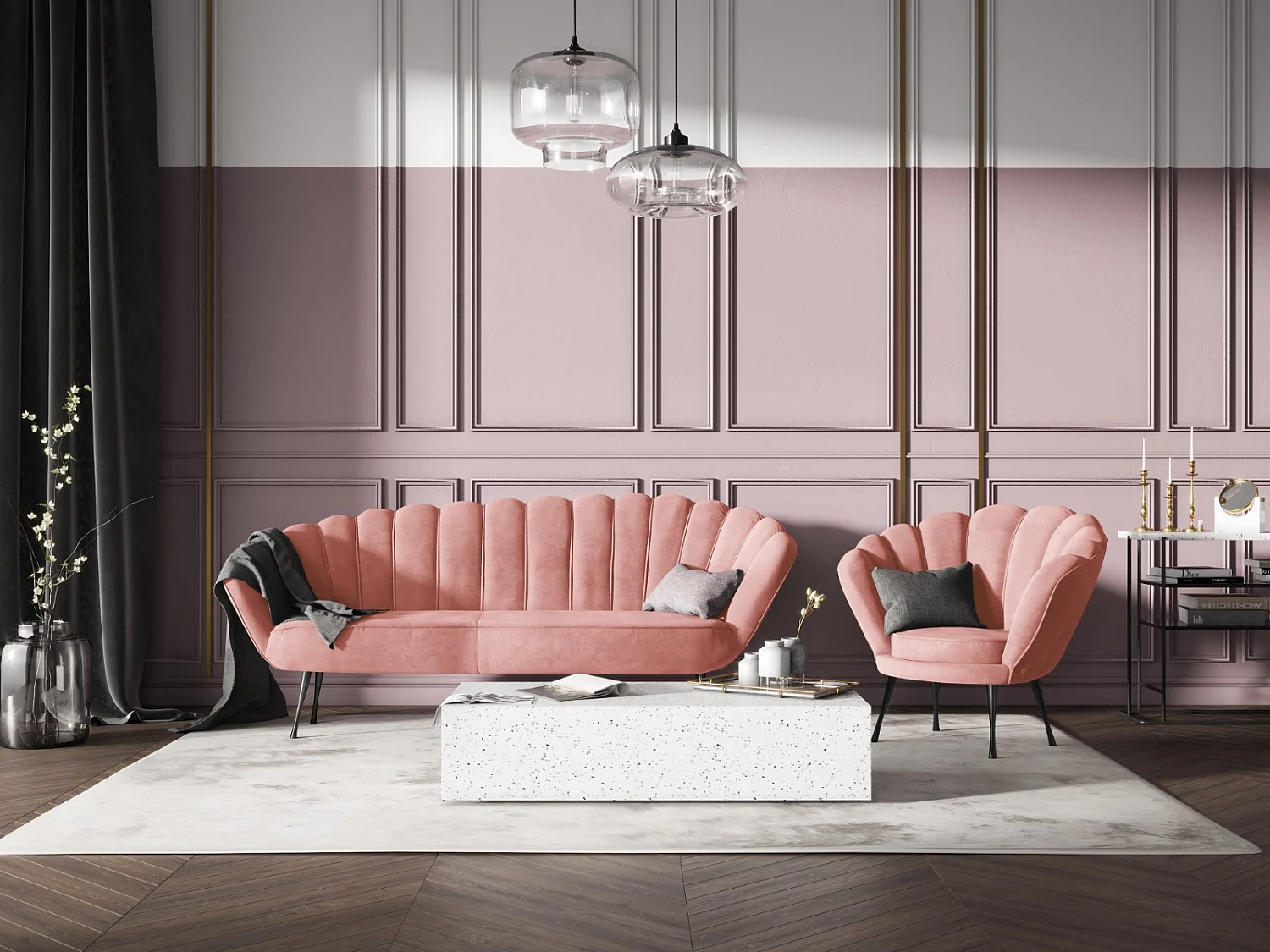 Cosmopolitan Design - Canapé "Kingston" 3 places en velours rose - 224x95x85cm