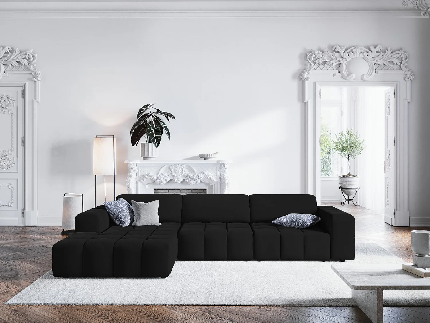 CXL by Christian Lacroix - Linker hoekbank "Luc" 4 zitplaatsen, Flueel, Zwart - 284x166x70cm