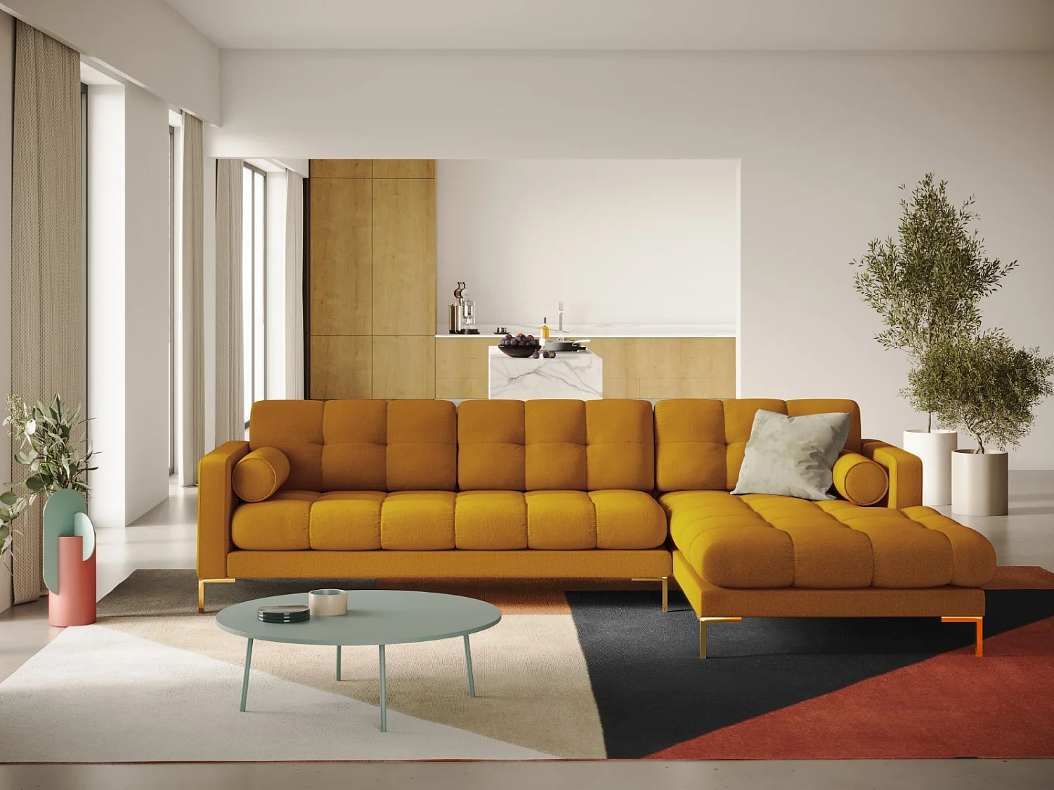 Cosmopolitan Design - Narożnik prawy, "Bali" 5 miejsc tkanina strukturalna, żółty - 293x185x75cm