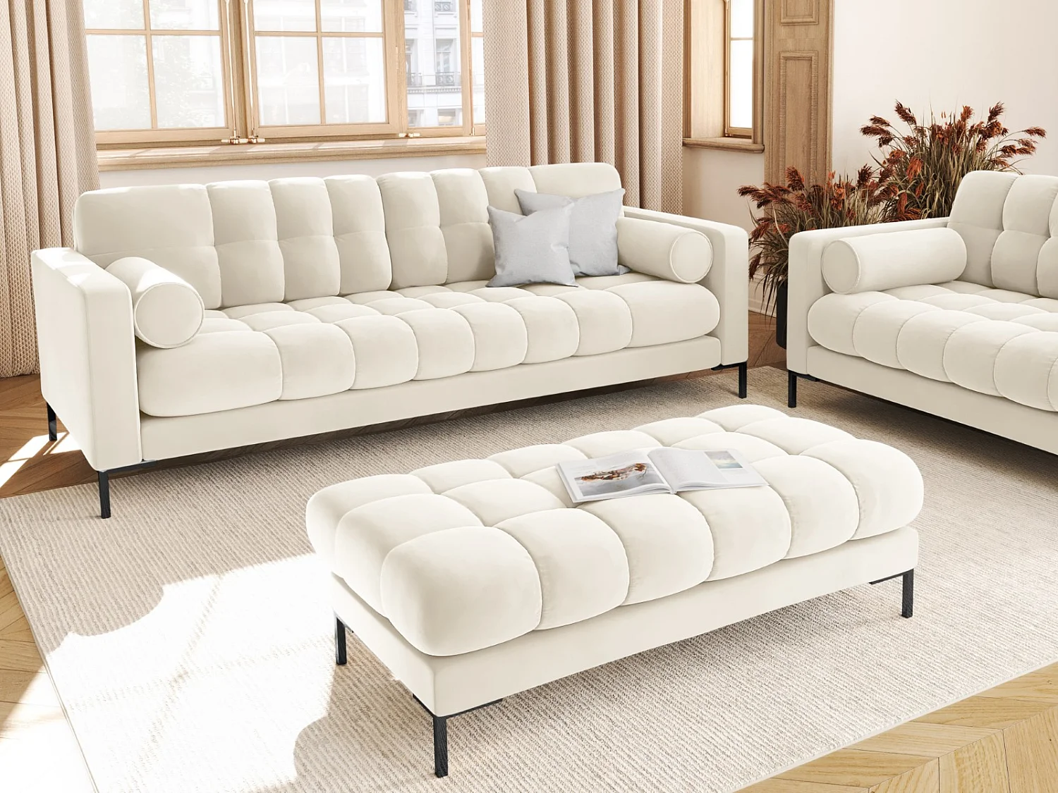 Cosmopolitan Design - Sofá "Bali" 3 plazas de terciopelo beige claro - 177x92x75cm