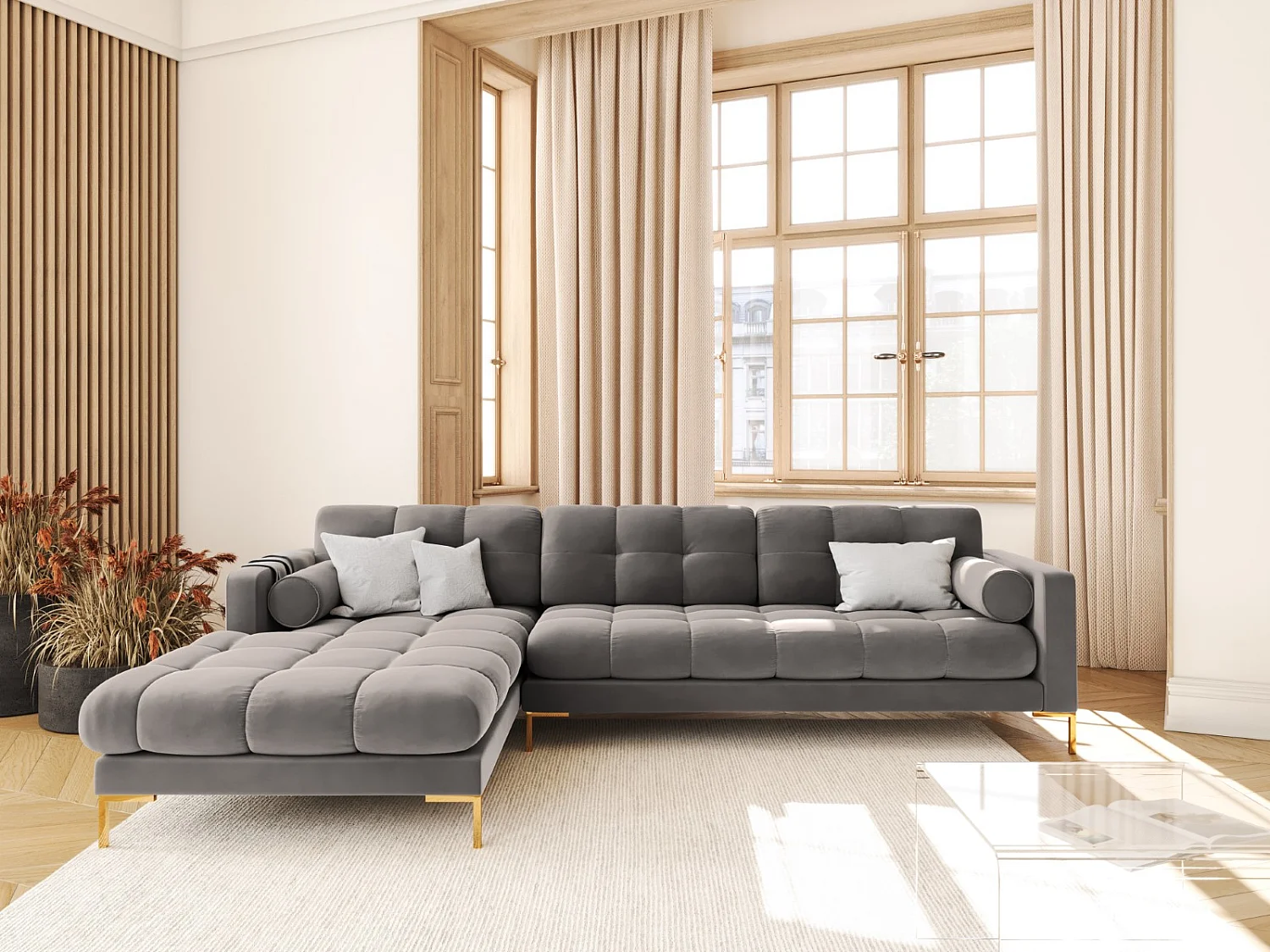 Cosmopolitan Design - Sofá de canto esquerdo "Bali" 5 lugares em veludo cinza claro - 293x185x75cm