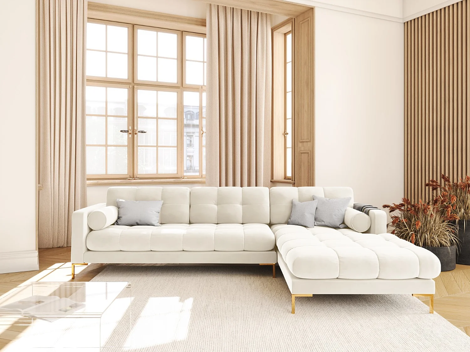 Cosmopolitan Design - Sofá de canto direito "Bali" 5 lugares em veludo bege claro - 293x185x75cm