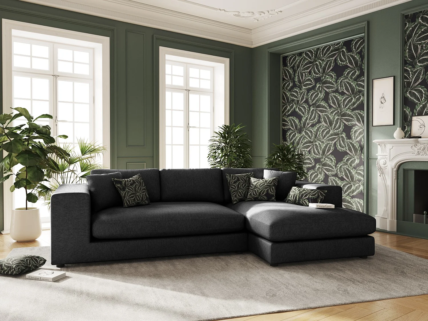 CXL by Christian Lacroix - Rechter hoekbank "Tendance" 5 zitplaatsen, Structurele stof, Zwart - 282x174x72cm