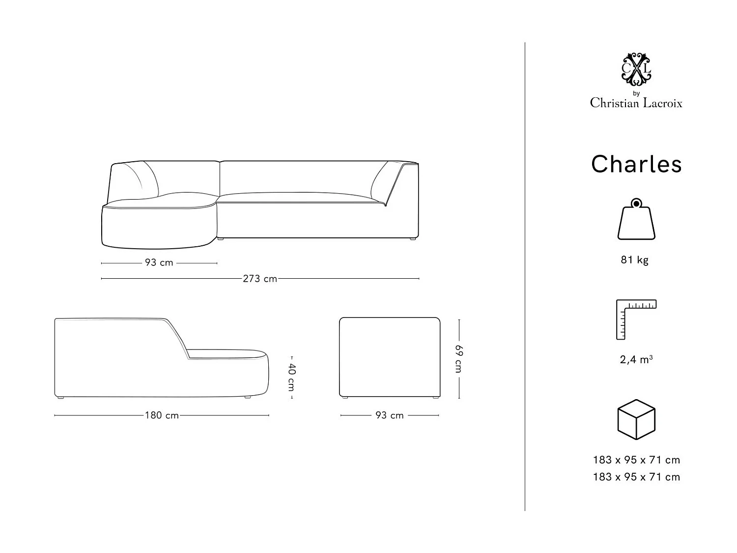 CXL by Christian Lacroix - Canapé d'angle gauche "Charles" 4 places en velours vert - 273x180x69cm