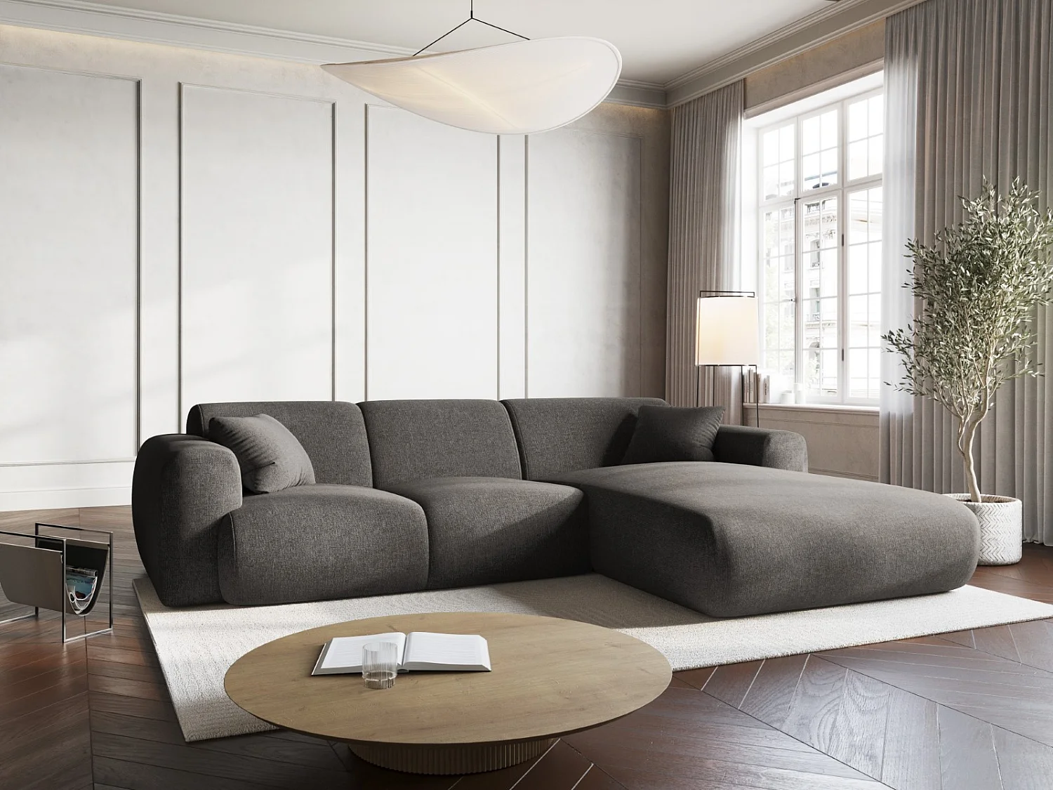 Cosmopolitan Design - Canapé d'angle droit "Nolio" 4 places en chenille gris - 260x170x72cm
