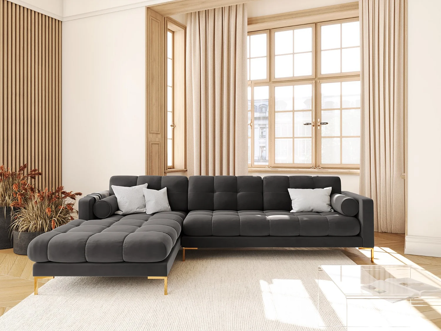 Cosmopolitan Design - Sofá de canto esquerdo "Bali" 5 lugares em veludo cinza escuro - 293x185x75cm