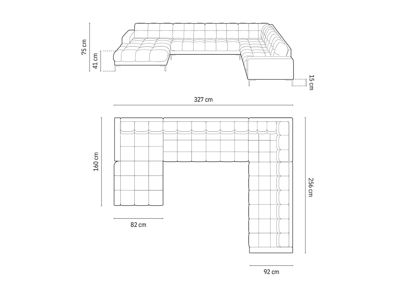 Cosmopolitan Design - Panoramische hoekbank rechts "Bali" 7 zitplaatsen, Structurele stof, Lichtbeige - 327x256x75cm