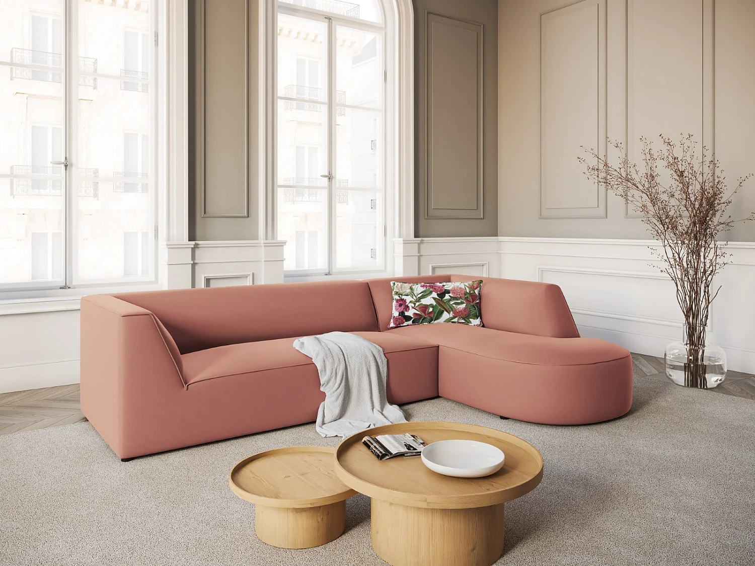 CXL by Christian Lacroix - Rechter hoekbank "Charles" 4 zitplaatsen, Flueel, Roze - 273x180x69cm