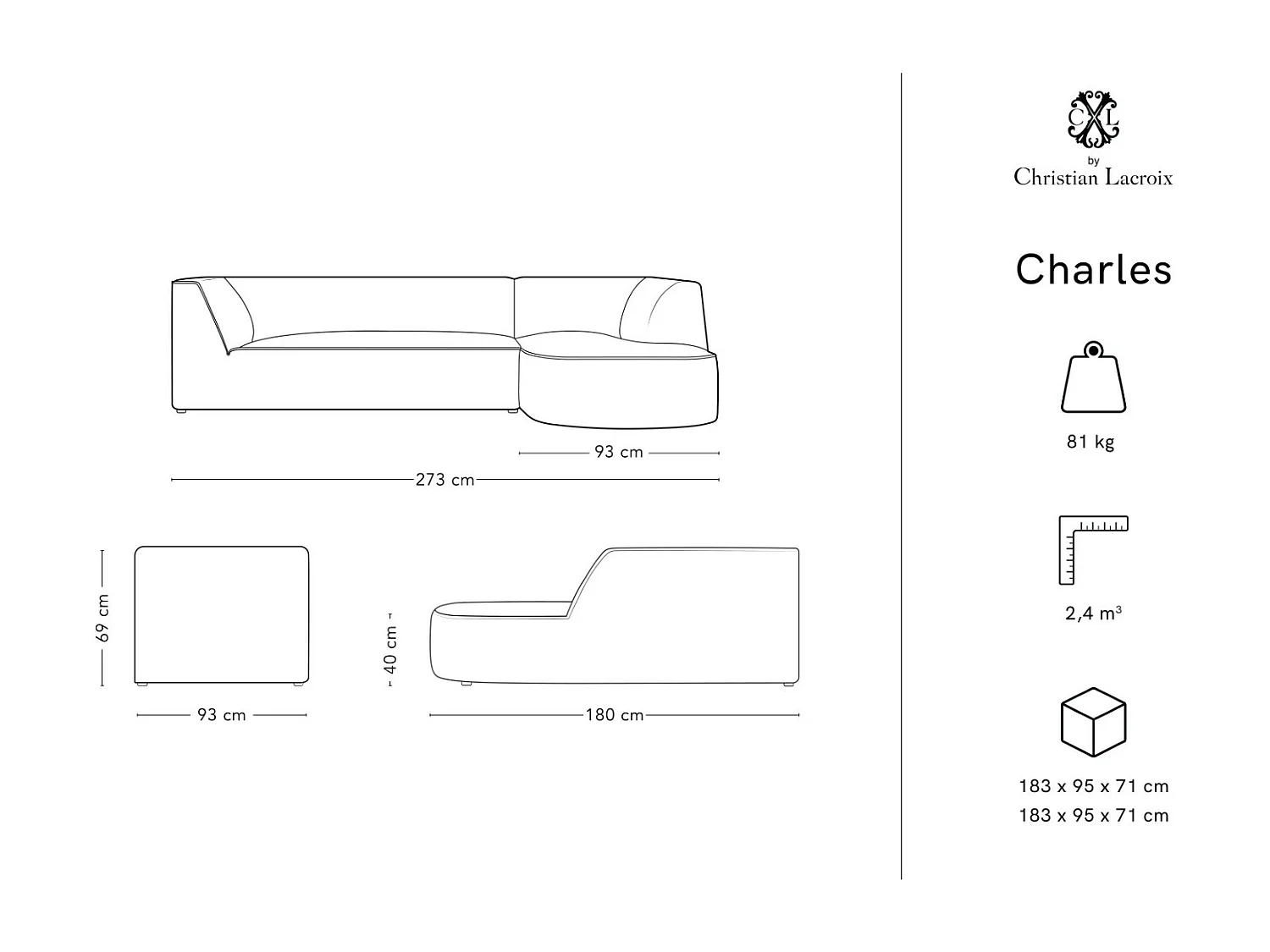 CXL by Christian Lacroix - Canapé d'angle droit "Charles" 4 places en velours rose - 273x180x69cm