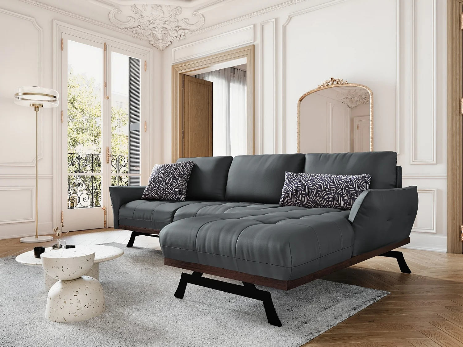 CXL by Christian Lacroix - Narożnik prawy panoramiczny, "Olivier" 4 miejsca skóra naturalna, niebieski szary - 264x171x87cm