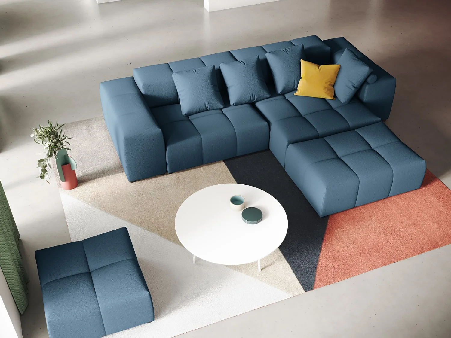 Cosmopolitan Design - Sofá de canto modular simétrico "Rome" 5 lugares em tecido estrutural azul escuro - 320x240x75cm