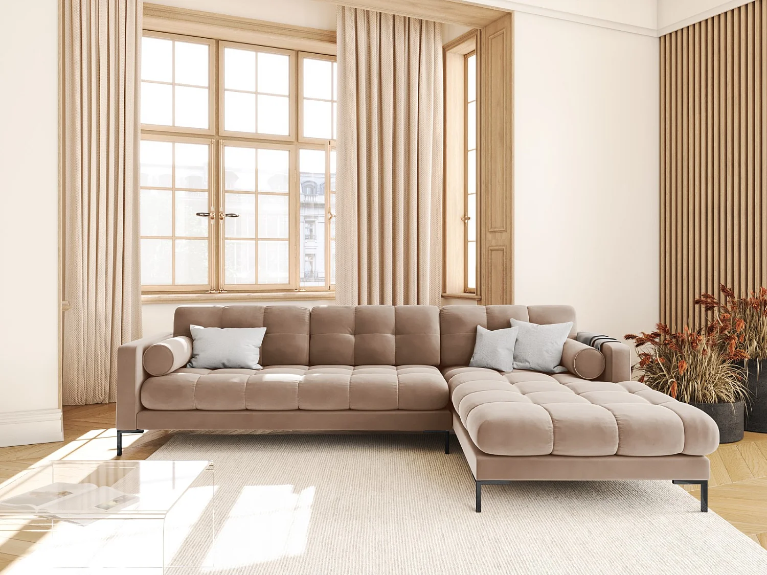 Cosmopolitan Design - Rechter hoekbank "Bali" 5 zitplaatsen, Flueel, Beige - 293x185x75cm