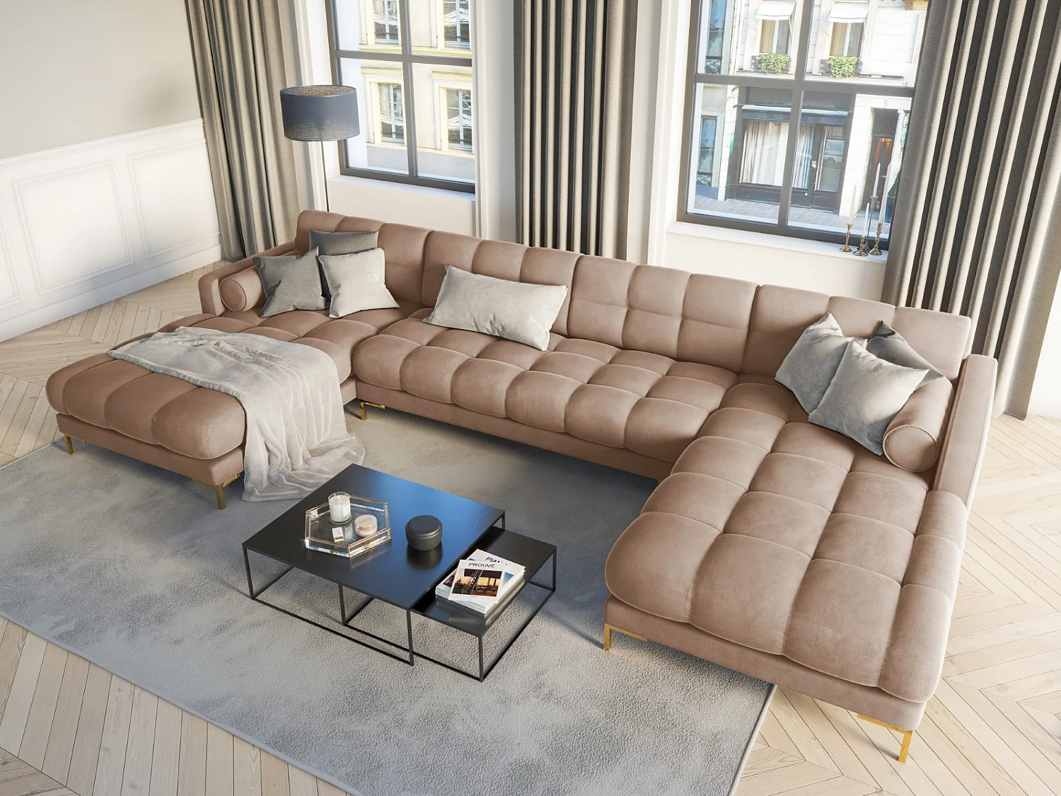 Cosmopolitan Design - Sofá panorámico "Bali" 7 plazas de terciopelo beige - 383x185x75cm