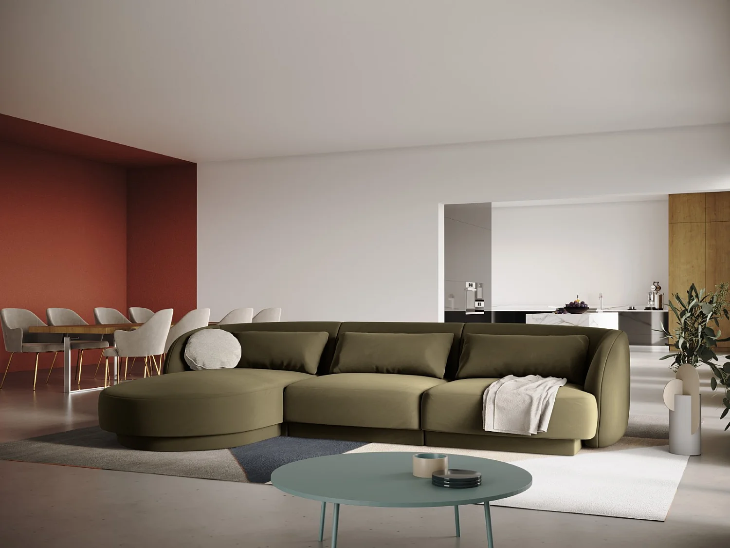 Cosmopolitan Design - Narożnik lewy, "Tulum" 4 miejsca welur, zielony - 255x156x70cm