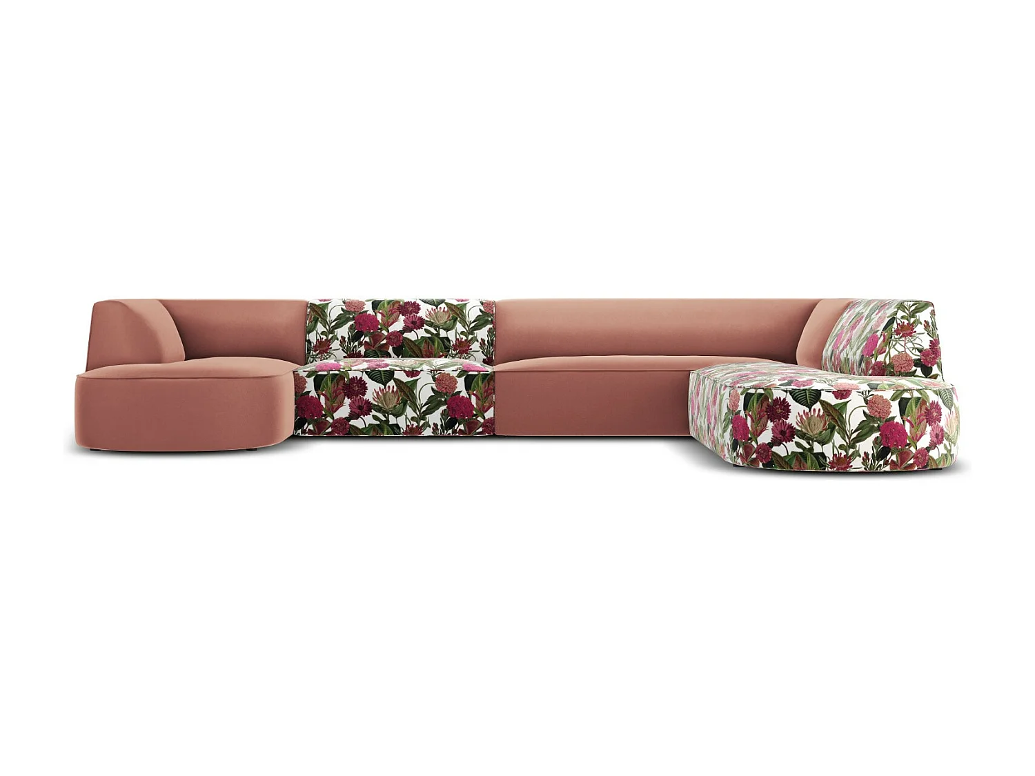CXL by Christian Lacroix - Canapé d'angle droit panoramique "Charles" 7 places en velours motif de rose de jardin,rose - 366x273x69cm