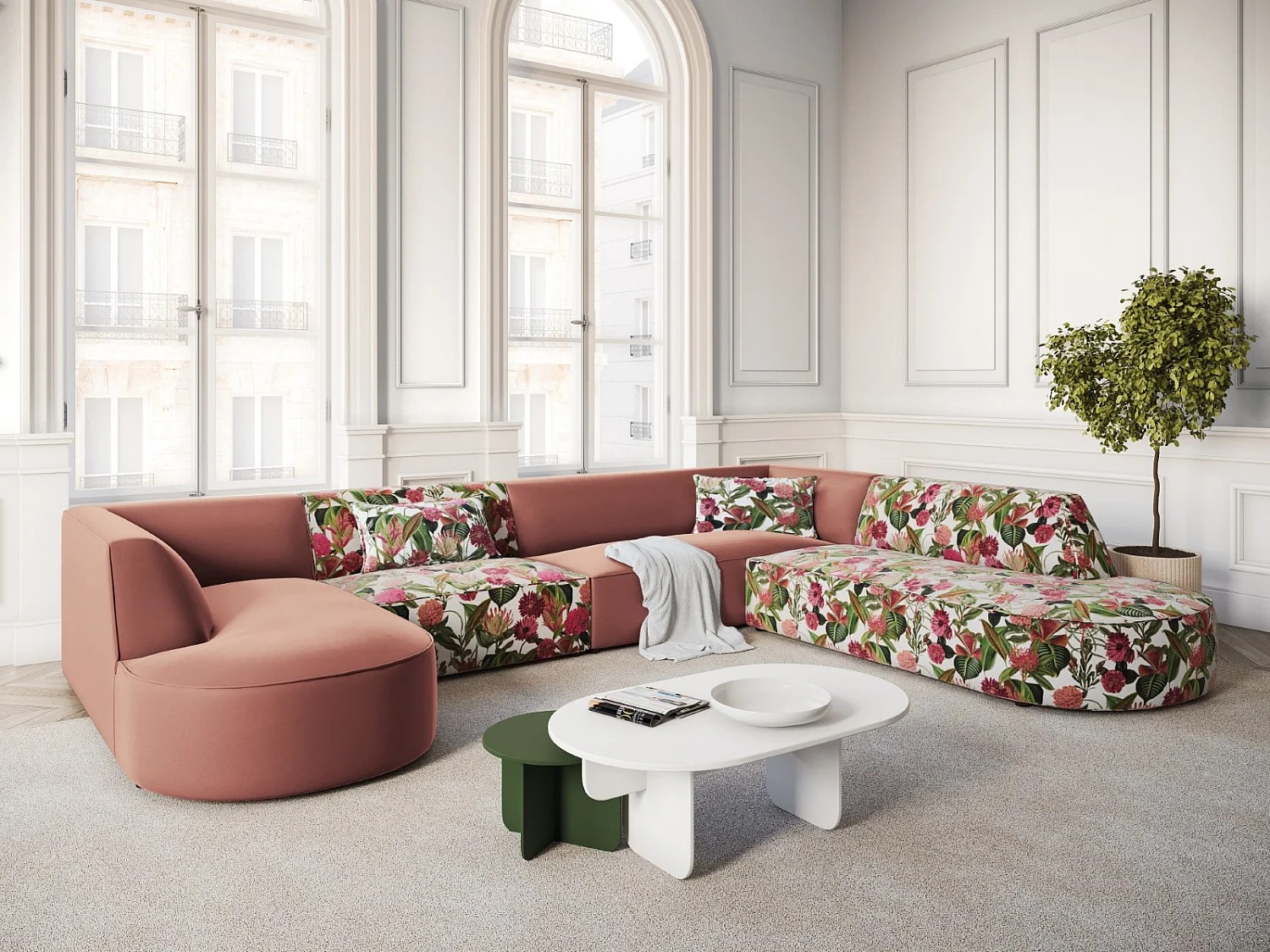 CXL by Christian Lacroix - Canapé d'angle droit panoramique "Charles" 7 places en velours motif de rose de jardin,rose - 366x273x69cm