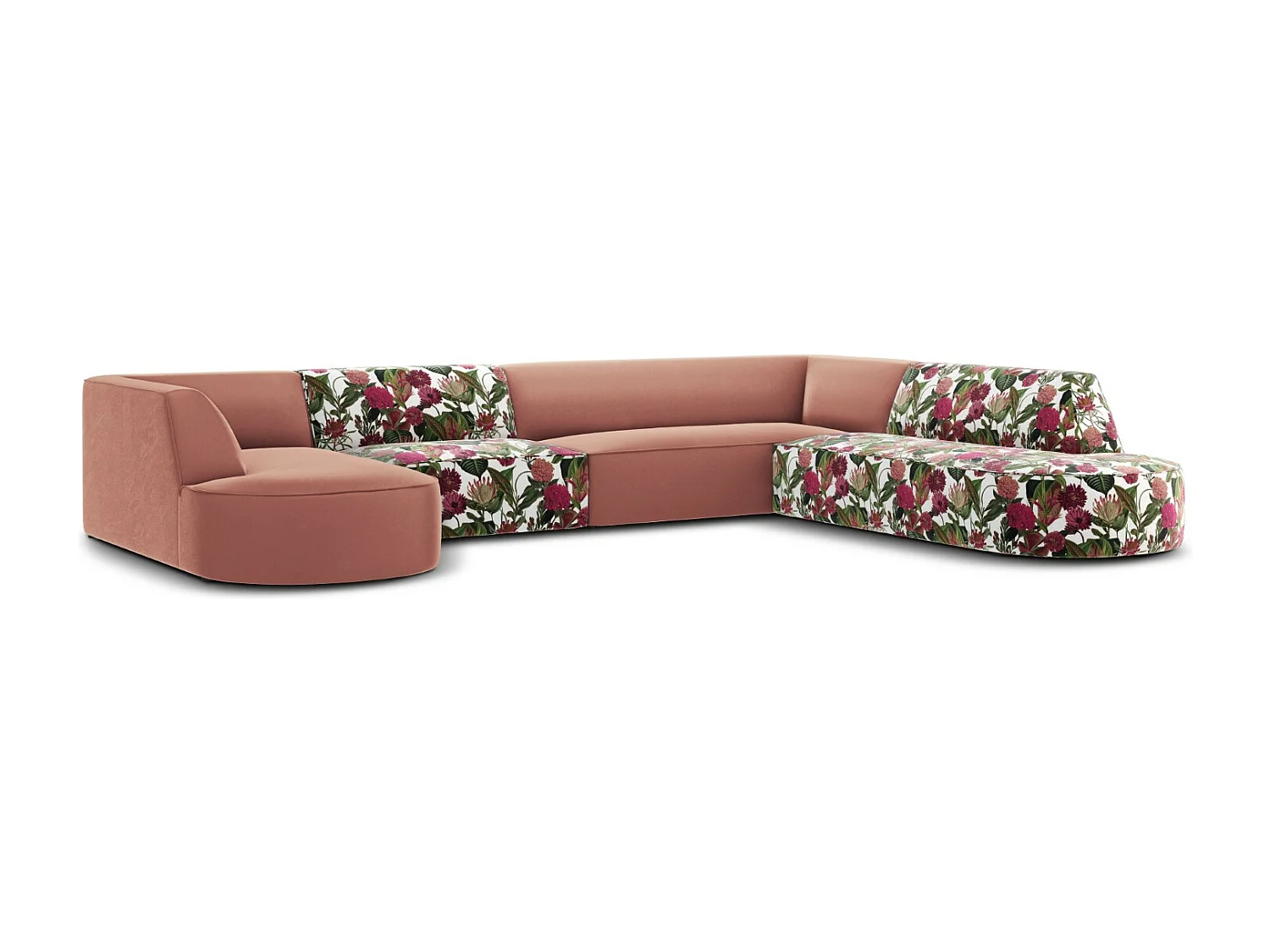 CXL by Christian Lacroix - Canapé d'angle droit panoramique "Charles" 7 places en velours motif de rose de jardin,rose - 366x273x69cm