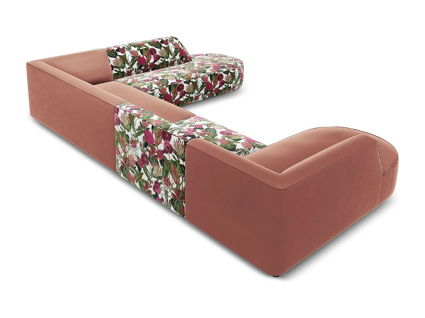 CXL by Christian Lacroix - Canapé d'angle droit panoramique "Charles" 7 places en velours motif de rose de jardin,rose - 366x273x69cm