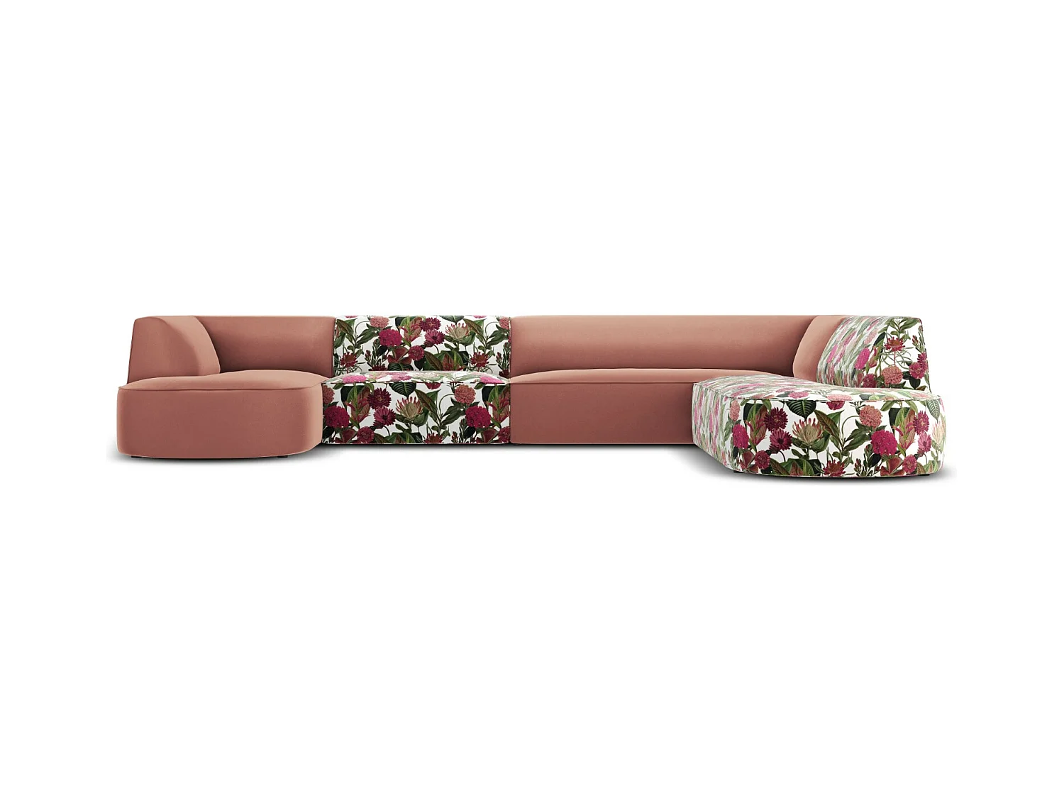CXL by Christian Lacroix - Canapé d'angle droit panoramique "Charles" 7 places en velours motif de rose de jardin,rose - 366x273x69cm