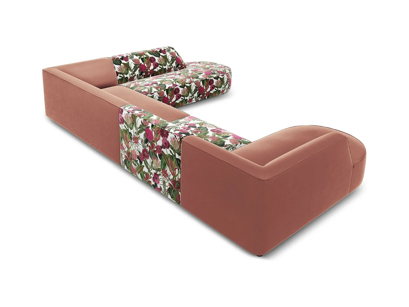 CXL by Christian Lacroix - Panoramische hoekbank rechts "Charles" 7 zitplaatsen, Flueel, tuinroospatroon, roze - 366x273x69cm