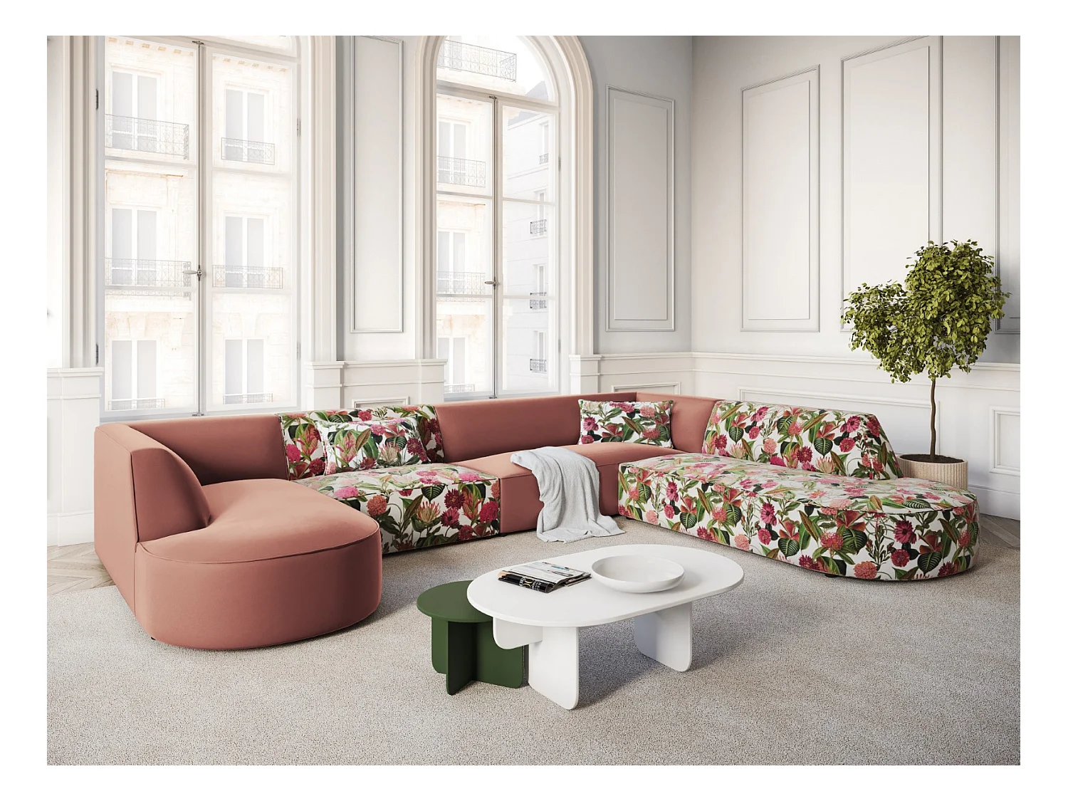 CXL by Christian Lacroix - Panoramische hoekbank rechts "Charles" 7 zitplaatsen, Flueel, tuinroospatroon, roze - 366x273x69cm